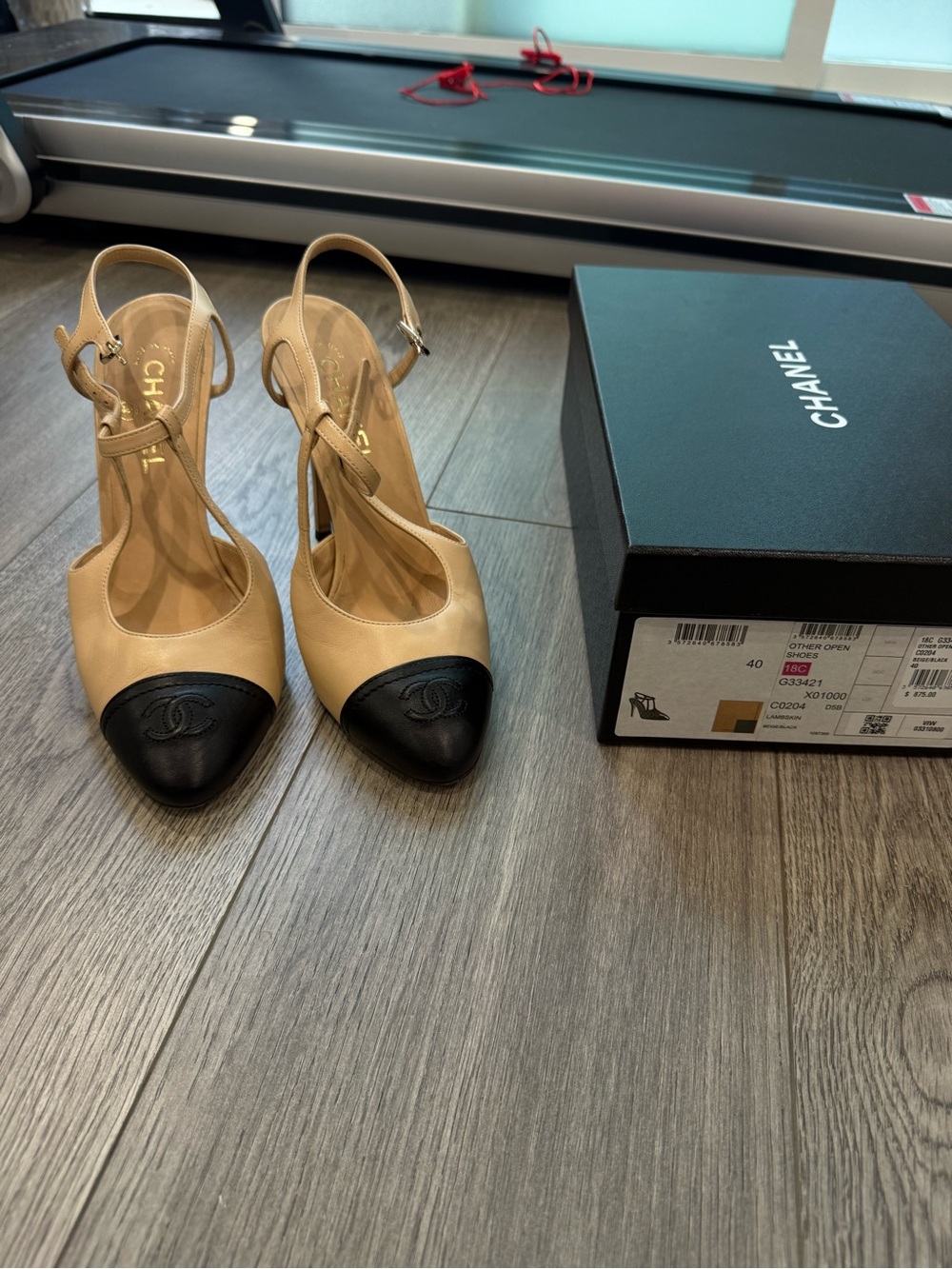 CHANEL Beige Leather Slingback Pumps with Black Cap Toe